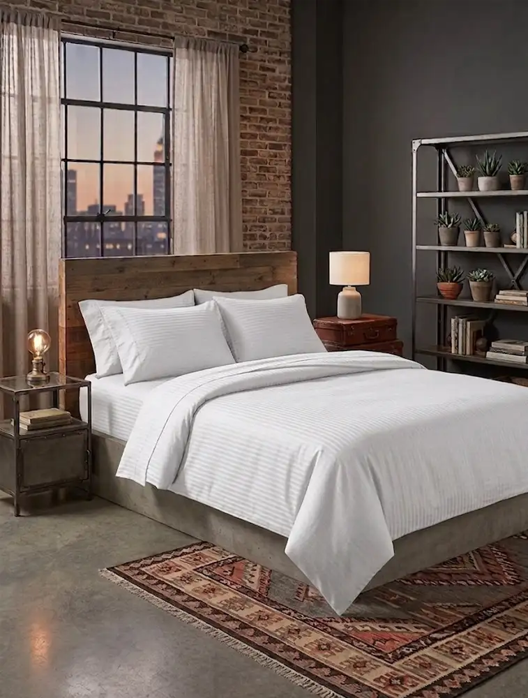 White Cotton Stripes King Size Bedsheet Set with Pillow Cover
