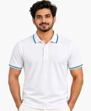White Dri Fit Mars 200 GSM Polo Half Sleeve T Shirt with Sky Blue Dual Tipping Collar and Cuff