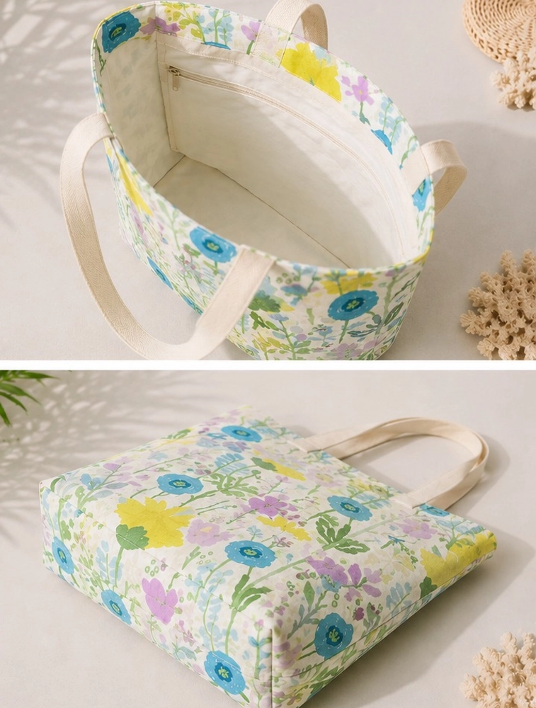White Floral Printed Canvas Tote Bag