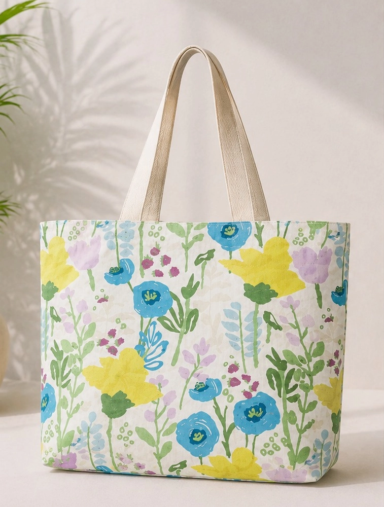 White Floral Printed Canvas Tote Bag