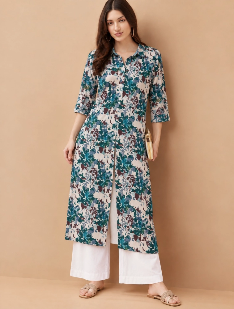 Half White Floral Printed Straight Kurti