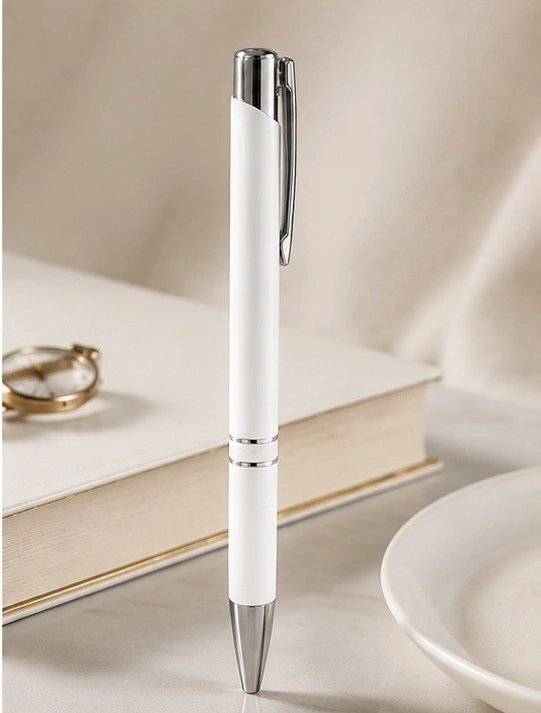 White Glossy Steel Ball Pen with Silver Clip
