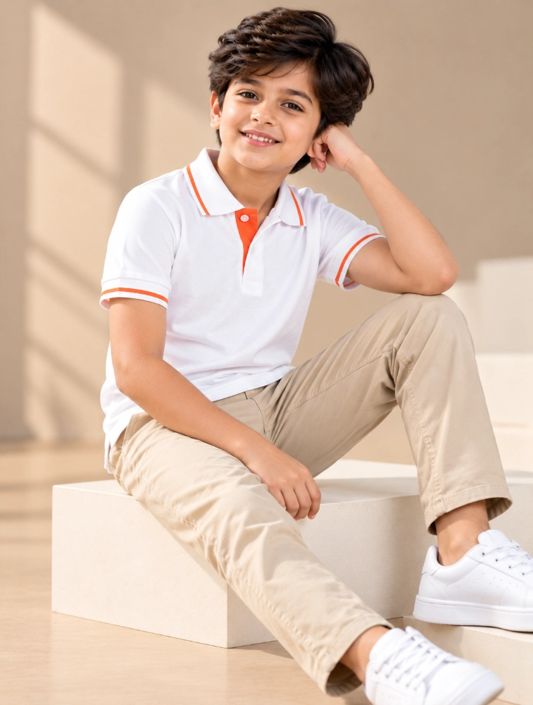 White Kids Cotton 240 GSM Polo TShirt with Orange Tipping