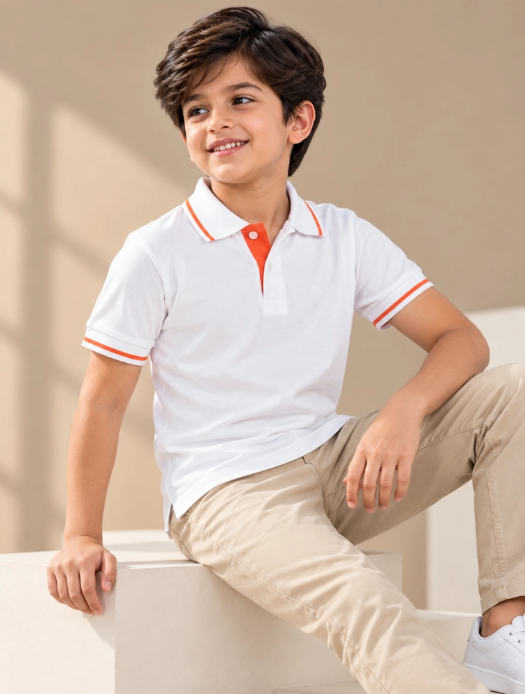 White Kids Cotton 240 GSM Polo TShirt with Orange Tipping