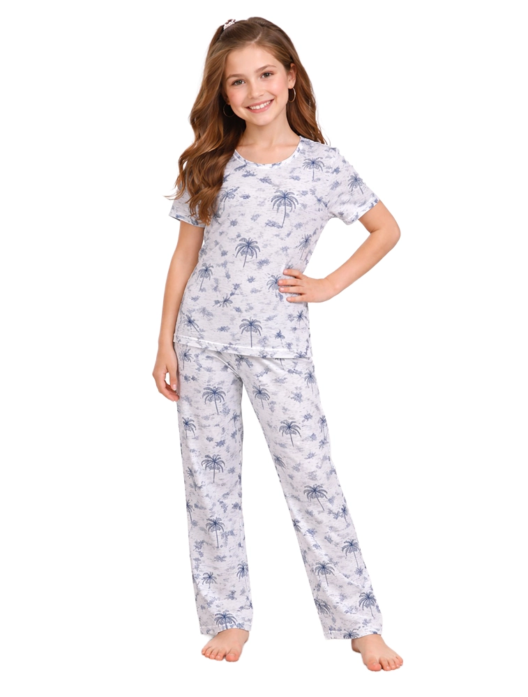White Girls Cotton Printed Night Suit Set