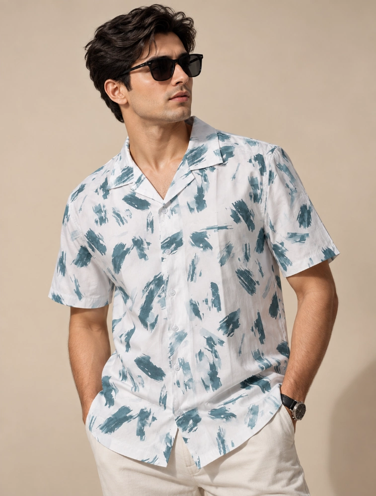White Mens 100 percent cotton half sleeve printed shirt