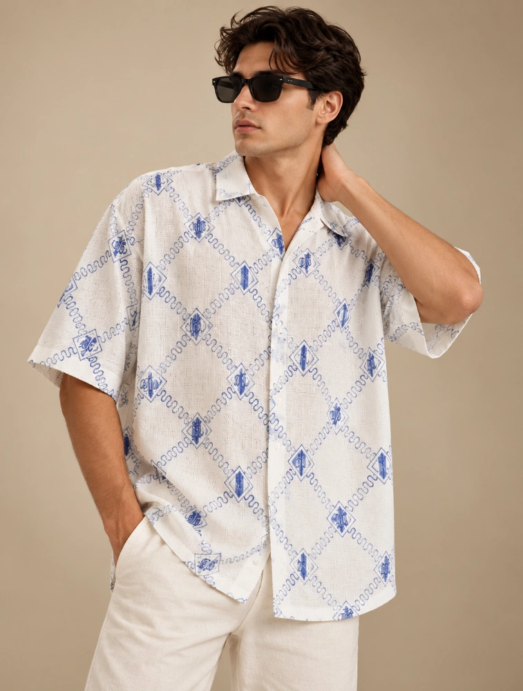 White Mens Oversized Emboridery Shirt