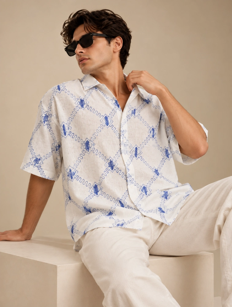 White Mens Oversized Emboridery Shirt 