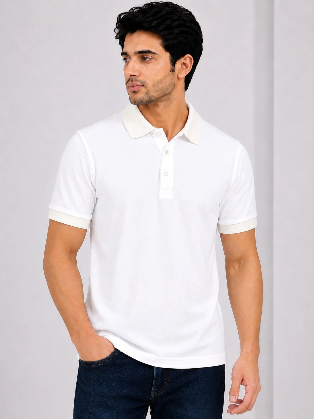 White Mens Premium Cotton 240 GSM Polo Half Sleeve T Shirt With Off White Collor And Cuffs