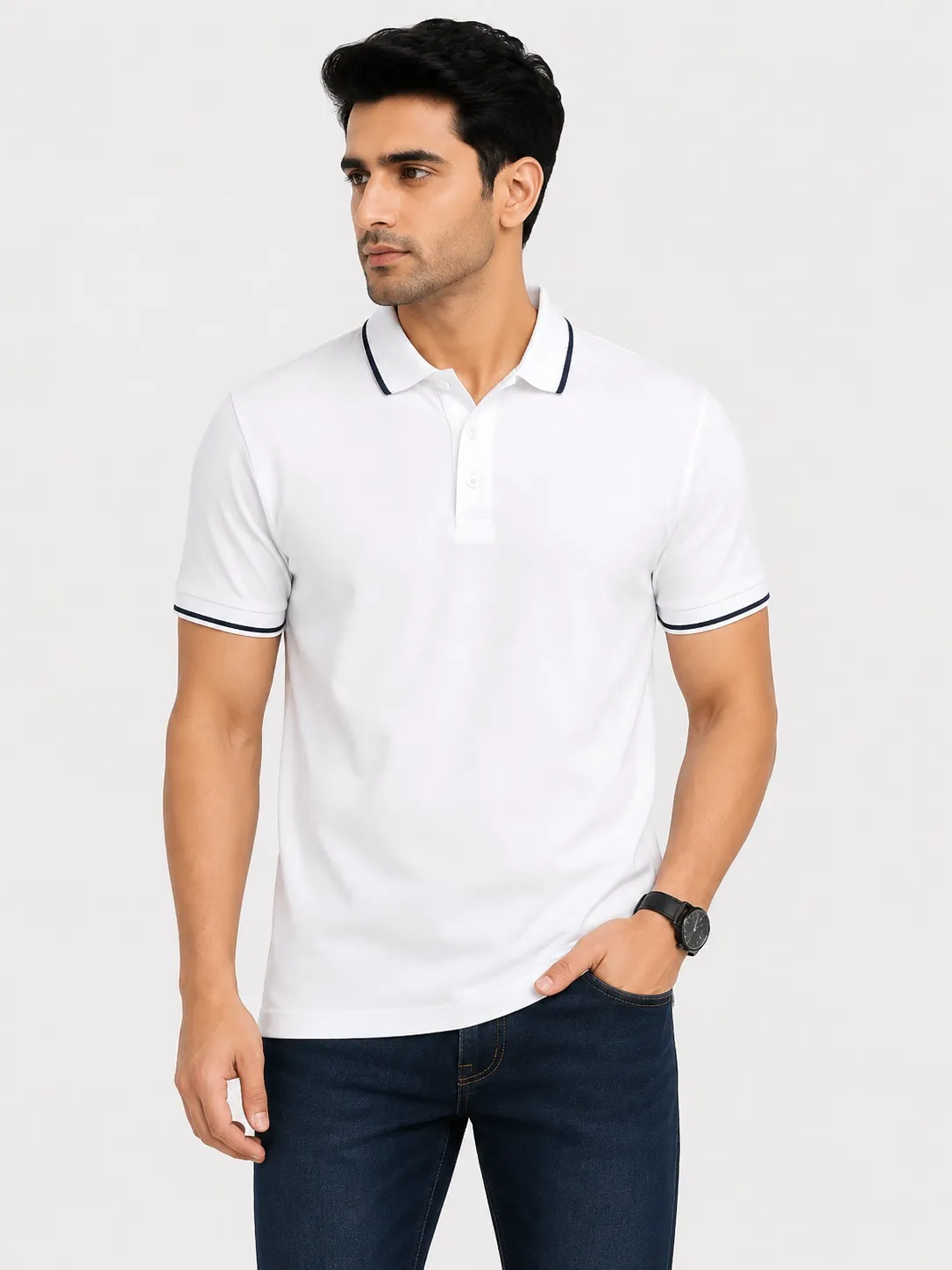 White Mens Premium Eco Blend 240 GSM Pole T Shirt With Black Jacquard Collor With Contrast Tipping