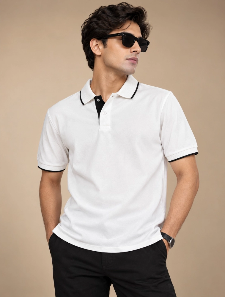 White Mens Premium Eco Blend 240 GSM Pole T Shirt With Black Jacquard Collor With Contrast Tipping