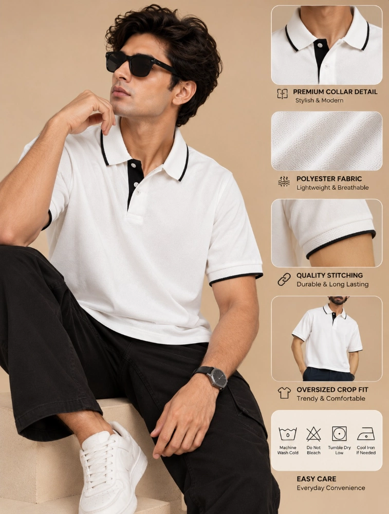 White Mens Premium Eco Blend 240 GSM Pole T Shirt With Black Jacquard Collor With Contrast Tipping