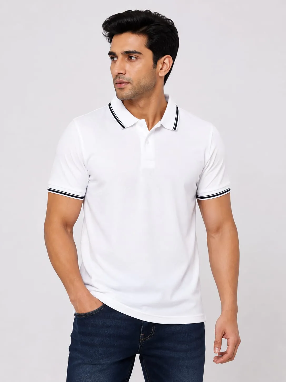 White Mens Premium Primo Knit 200 GSM Polo TShirt With Black Collor And Sleeve Tipping