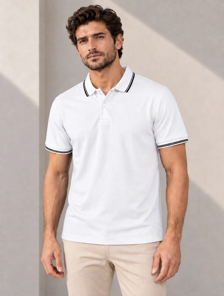 White Mens Premium Primo Knit 200 GSM Polo TShirt With Black Collor And Sleeve Tipping