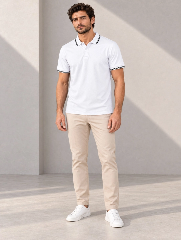 White Mens Premium Primo Knit 200 GSM Polo TShirt With Black Collor And Sleeve Tipping