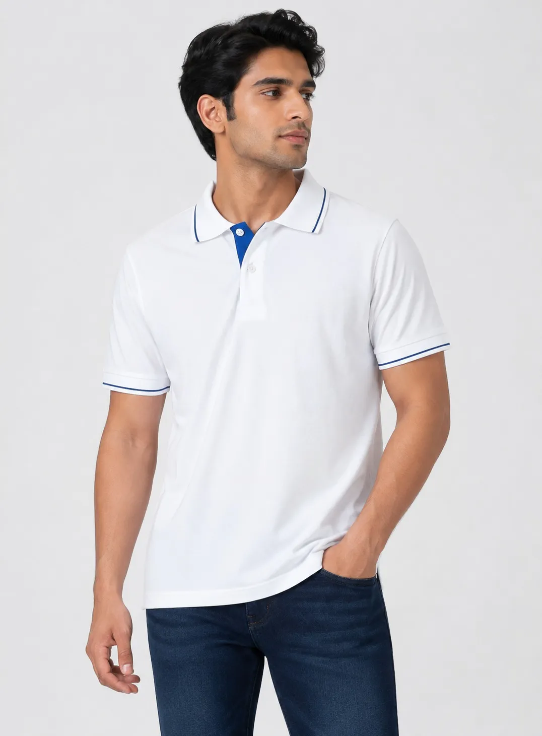 White Mens Premiun Cotton 270 GSN Half Sleeve Polo T Shirt With Blue Collar And Sleeve Tipping