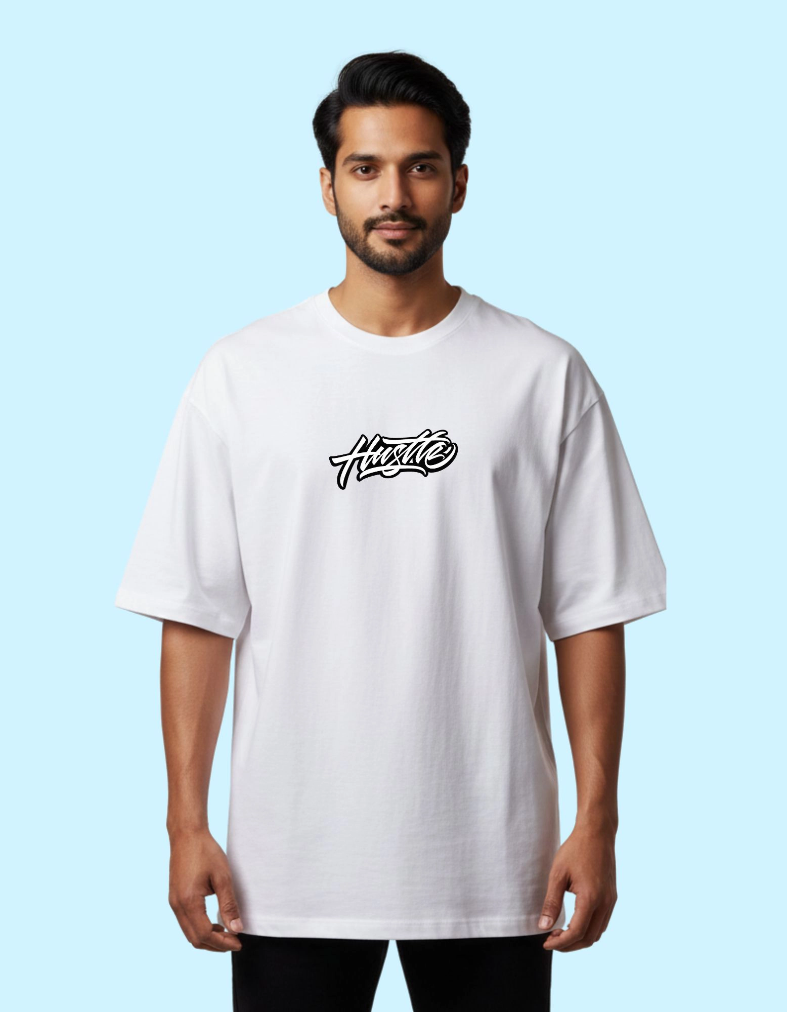 Hustle Graphic Oversized French Terry Cotton T-Shirt 240 GSM  White