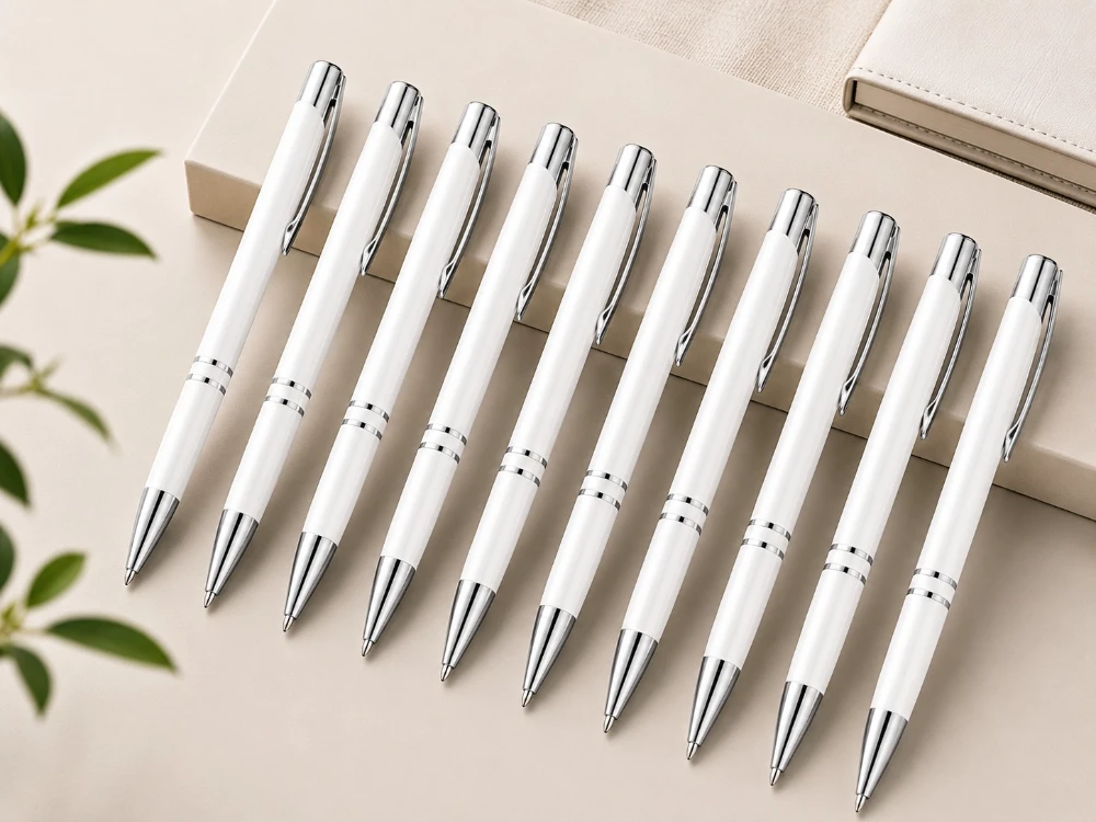 White Premium Glossy Steel Ball Pen with Silver Clip Pack of 10