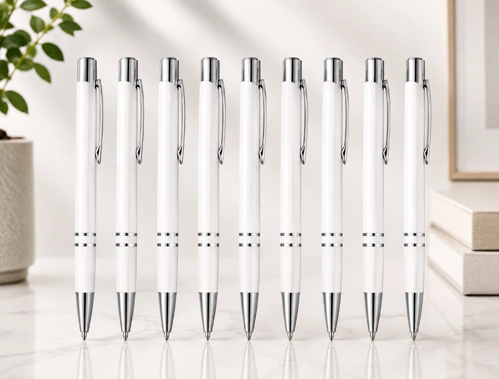White Premium Glossy Steel Ball Pen with Silver Clip Pack of 10 — bulk from ₹29