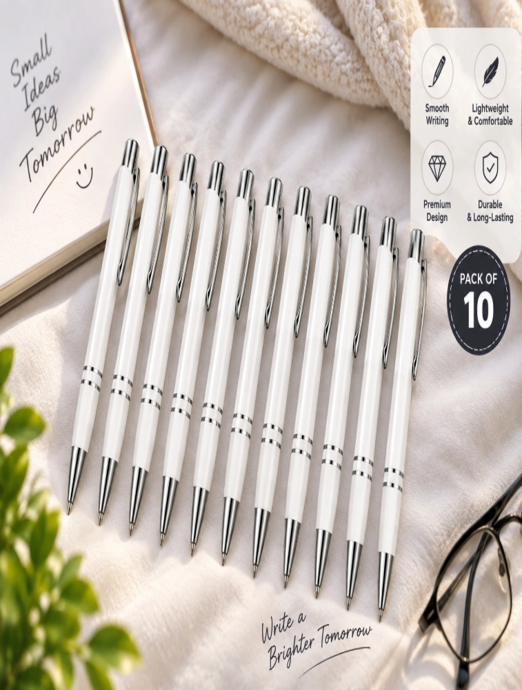 White Premium Glossy Steel Ball Pen with Silver Clip Pack of 10 — bulk from ₹29