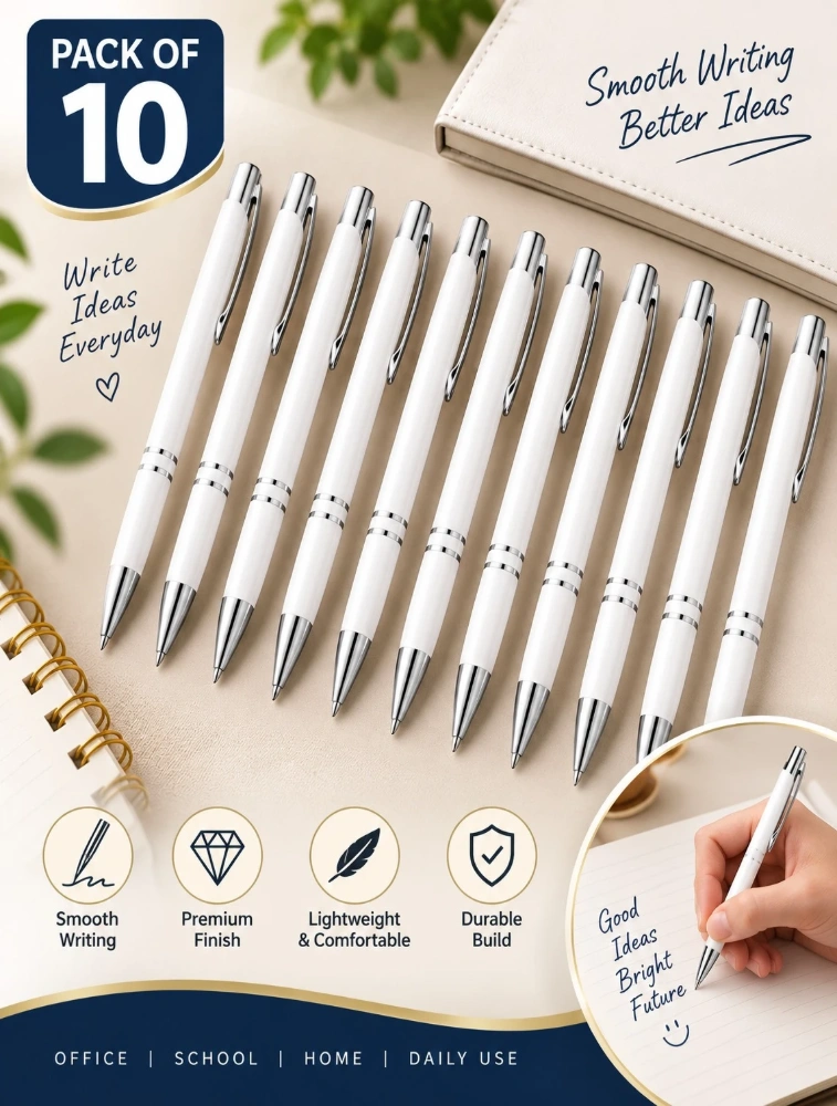 White Premium Glossy Steel Ball Pen with Silver Clip Pack of 10 — bulk from ₹29