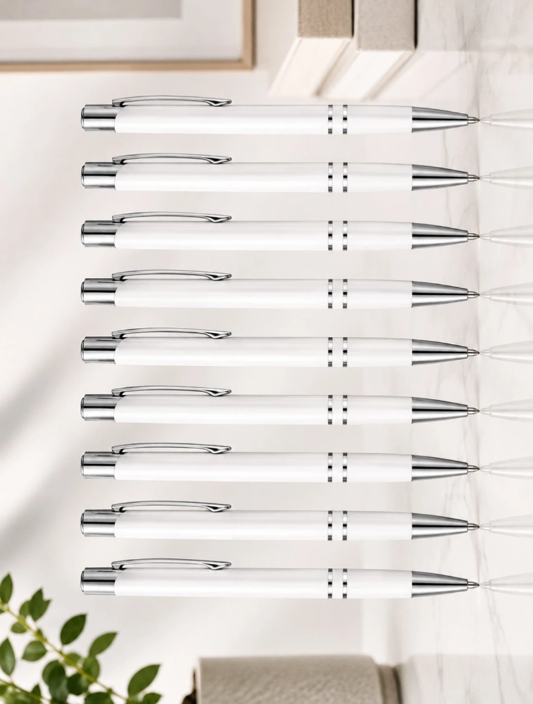 White Premium Glossy Steel Ball Pen with Silver Clip Pack of 12