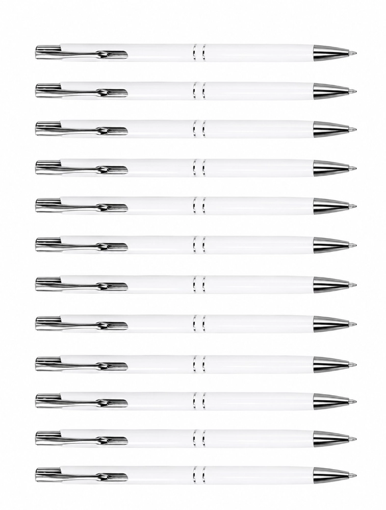 White Premium Glossy Steel Ball Pen with Silver Clip Pack of 12 — bulk from ₹282