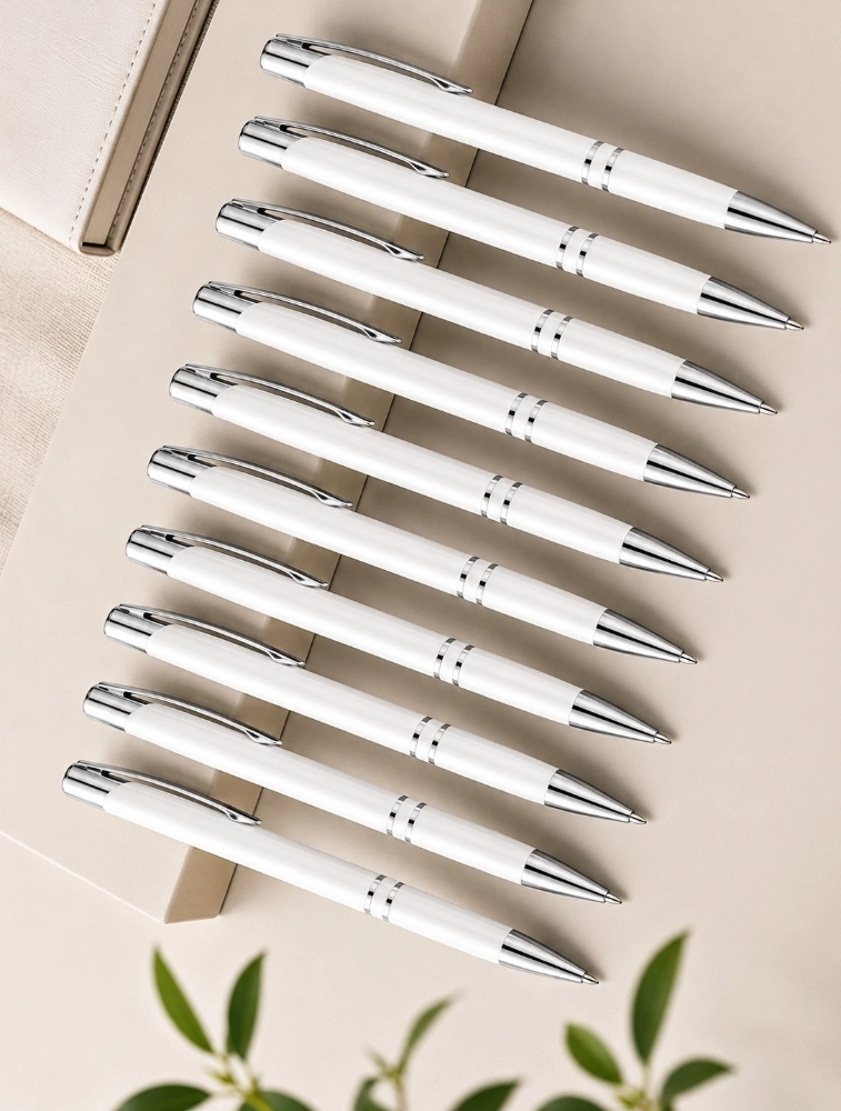 White Premium Glossy Steel Ball Pen with Silver Clip Pack of 12 — bulk from ₹282