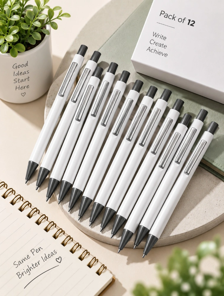 White Premium Matte Metal Click Pen Pack of 12