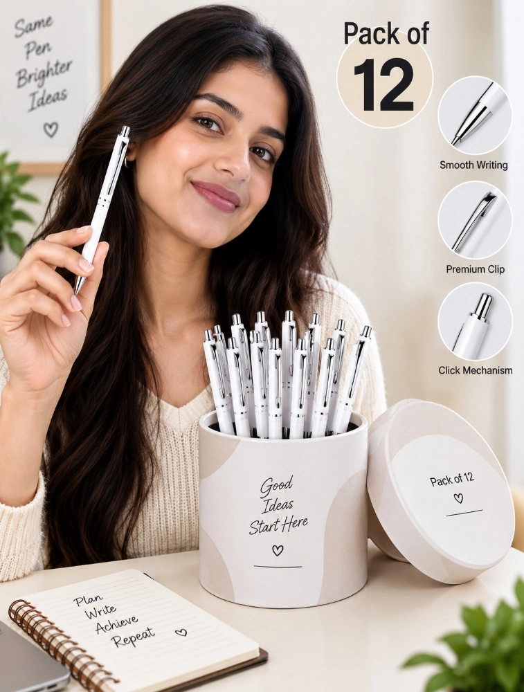 White Premium Matte Metal Click Pen Pack of 12 — bulk from ₹282