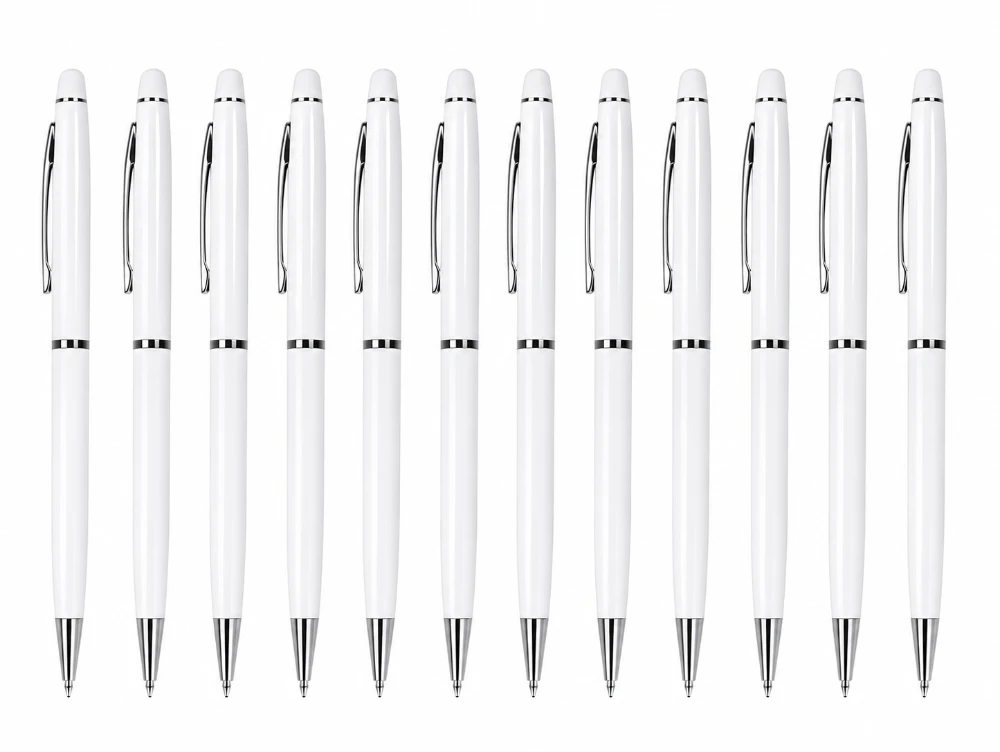 White Premium Slim Metal Ball Pen with Silver Clip Pack of 12