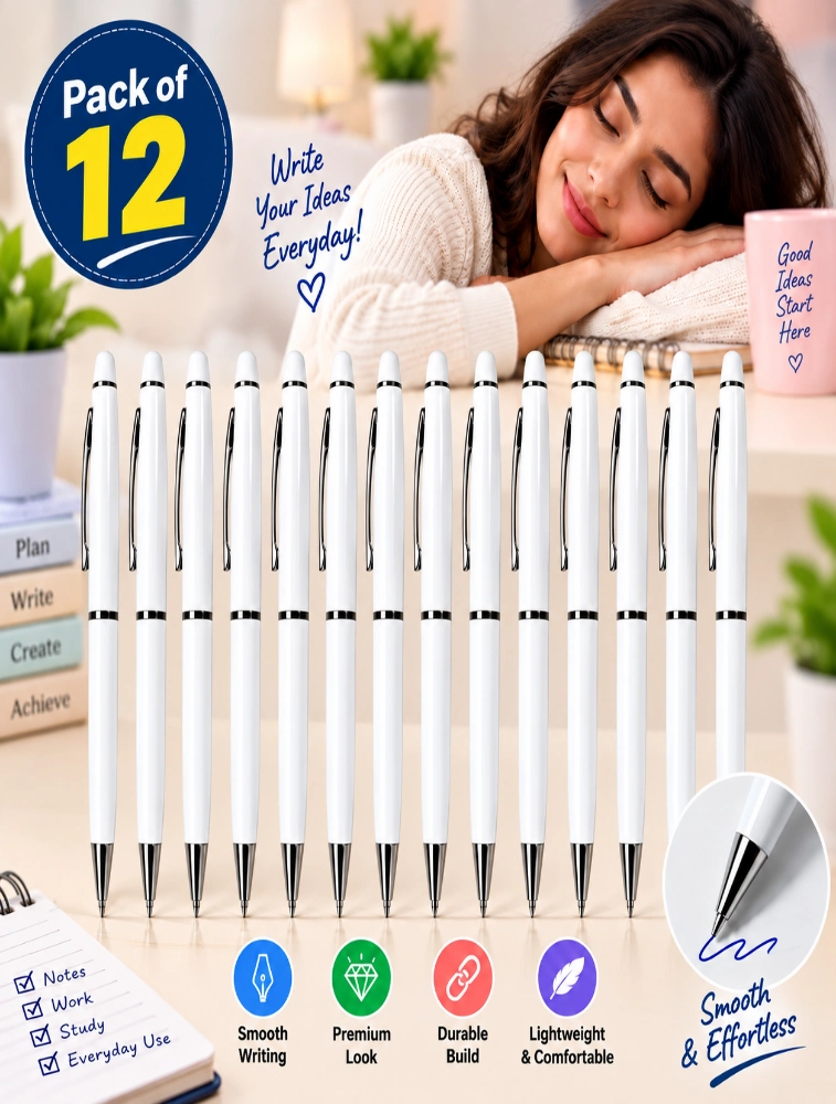 White Premium Slim Metal Ball Pen with Silver Clip Pack of 12 — bulk from ₹470