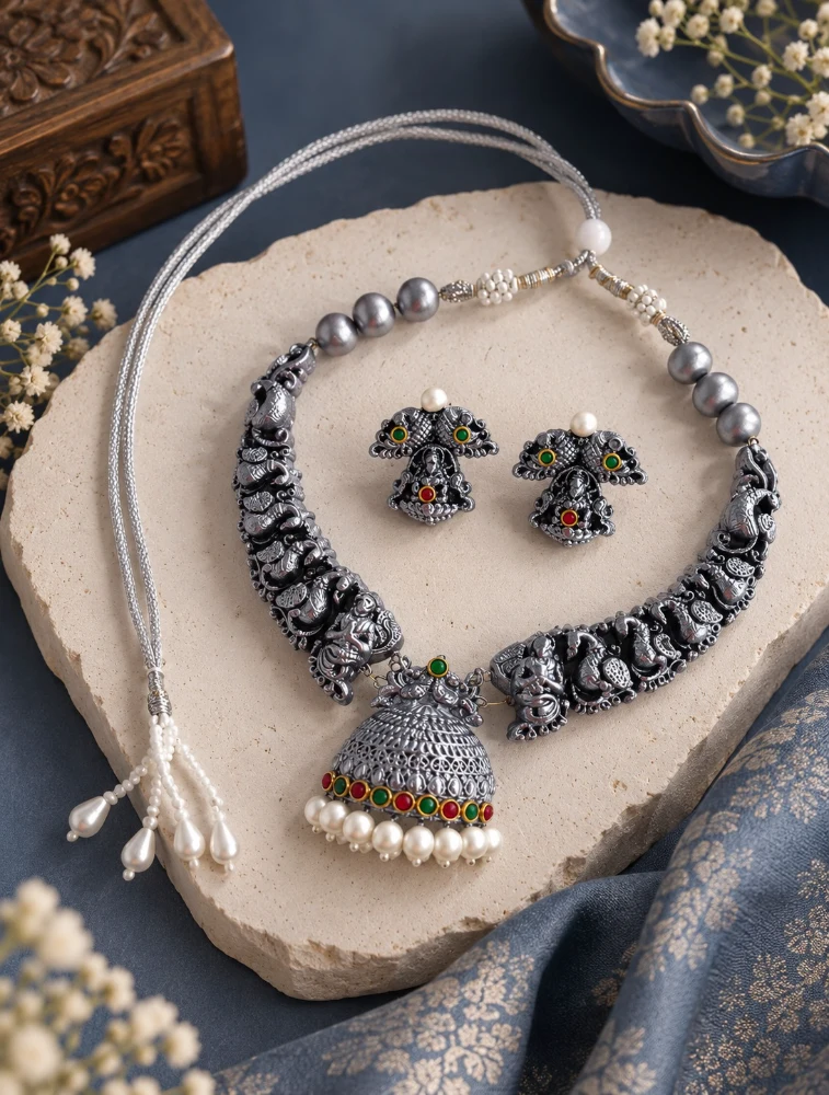 White Rajhamsa Terracotta Jewellery Set
