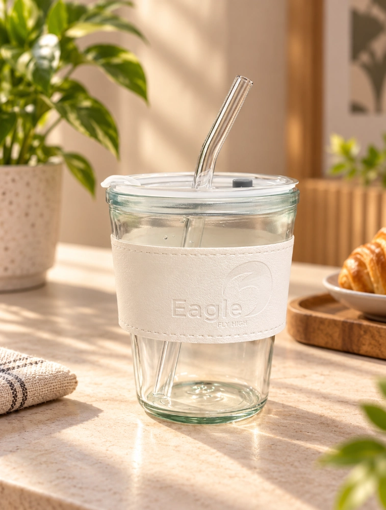White Reusable Glass Coffee Cup with Lid And Heat Resistant White Leather Sleeve