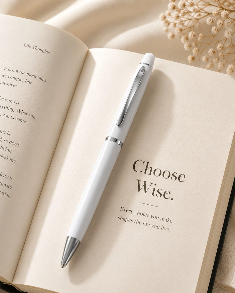 White Slim Metal Ball Pen with Silver Clip