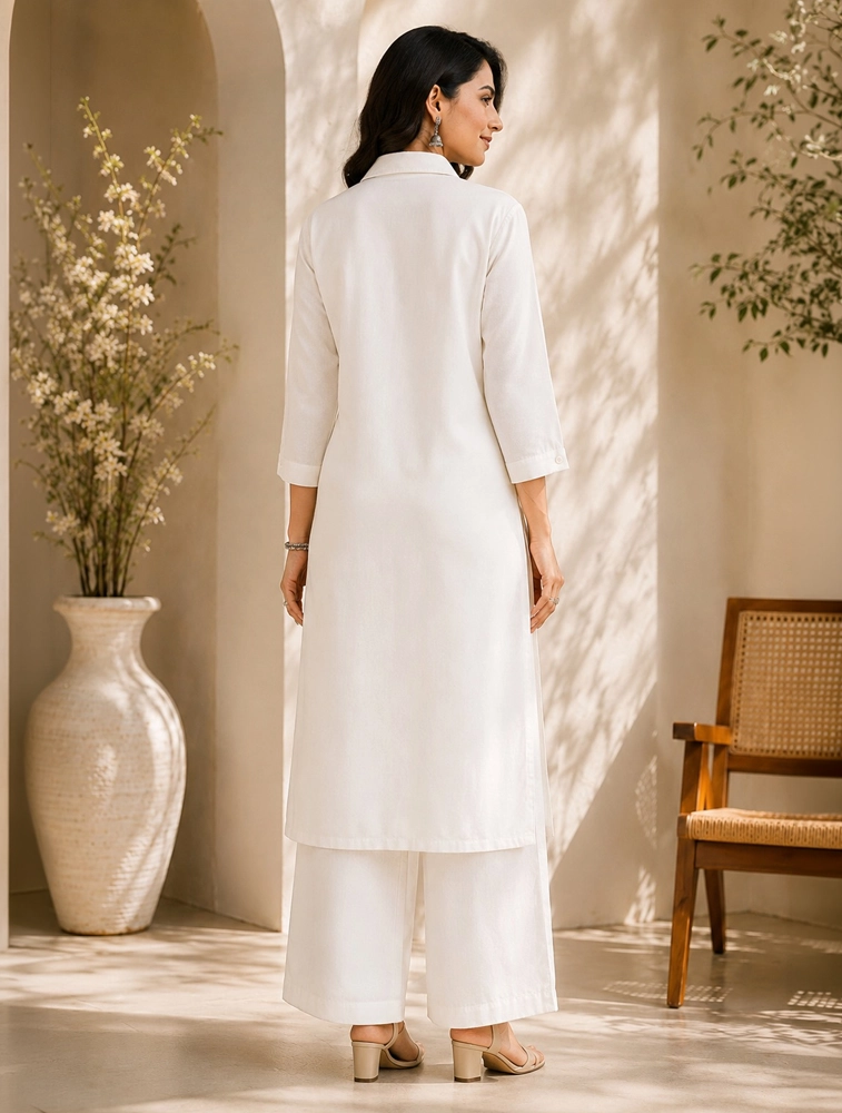 White Women Cotton Kurta Palazzo Set 