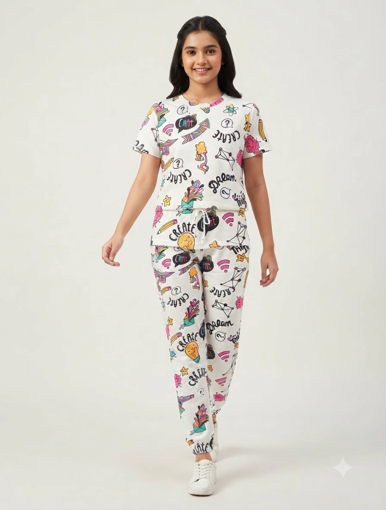 White Womens Casual CoOrd Set With Dream Chat Design