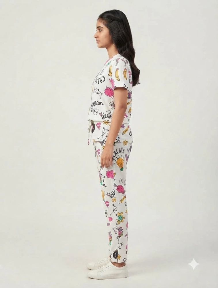 White Womens Casual CoOrd Set With Dream Chat Design 