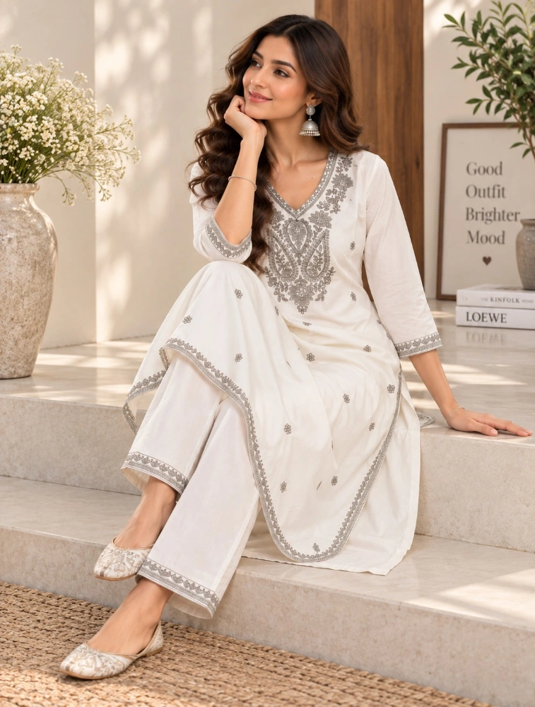 White Womens Embroidered  Kurta with Pant Set