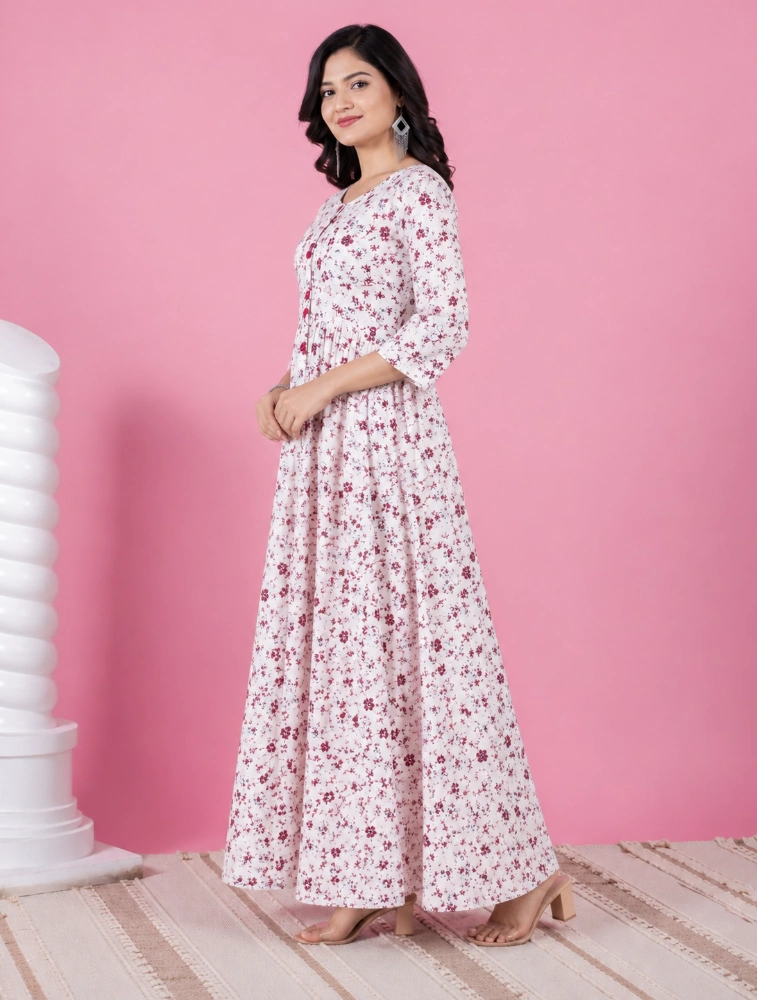 White Womens Floral Printed Cotton Blend Kurta