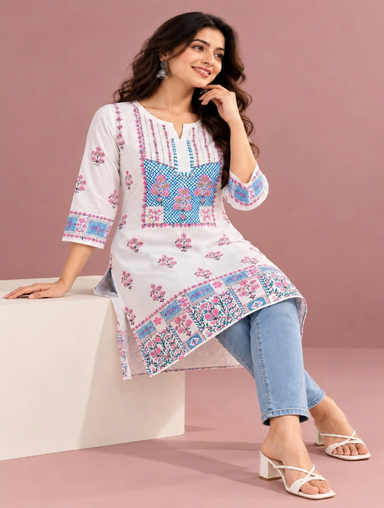 White Womens Graceful Ethnic Embroidered Kurta