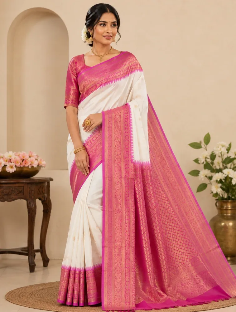 White Womens Premium Semi Gadwal Saree