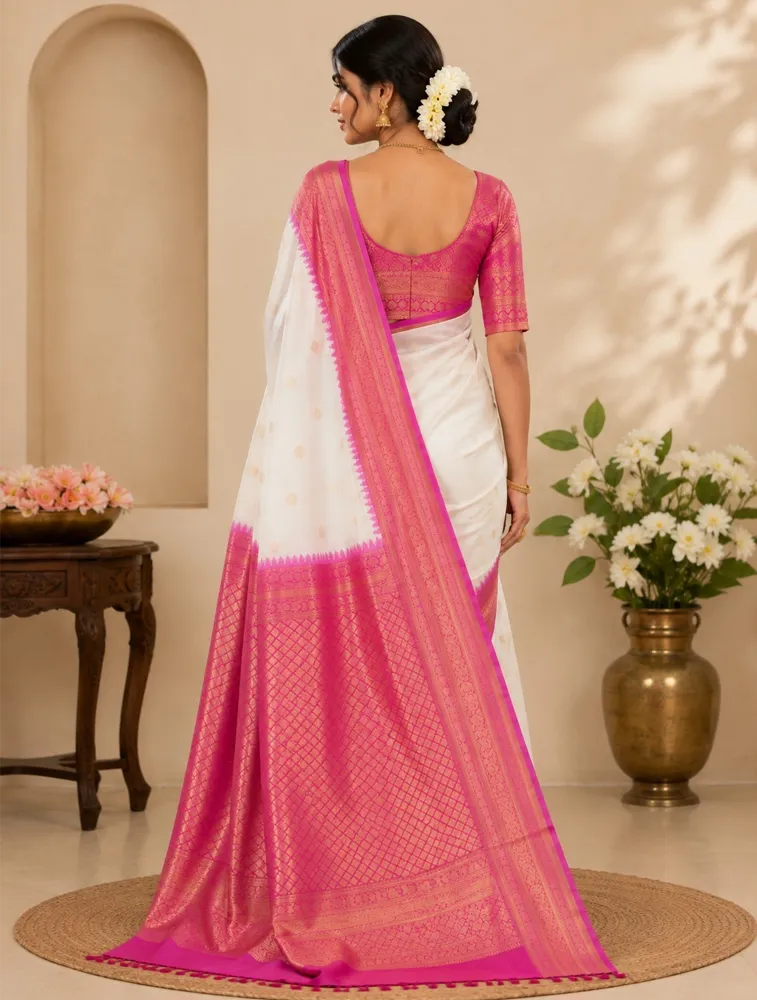 White Womens Premium Semi Gadwal Saree — bulk from ₹3919