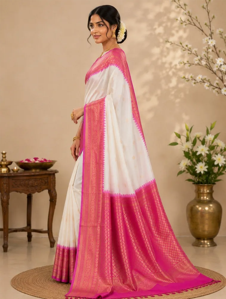 White Womens Premium Semi Gadwal Saree — bulk from ₹3919