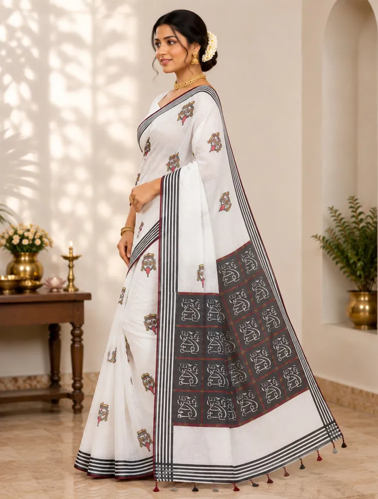 White Womens Premiun Pure Linen Sarees