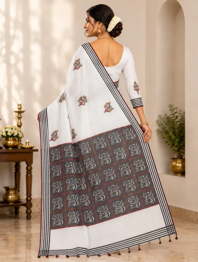 White Womens Premiun Pure Linen Sarees — bulk from ₹1956
