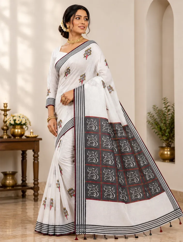 White Womens Premiun Pure Linen Sarees — bulk from ₹1956