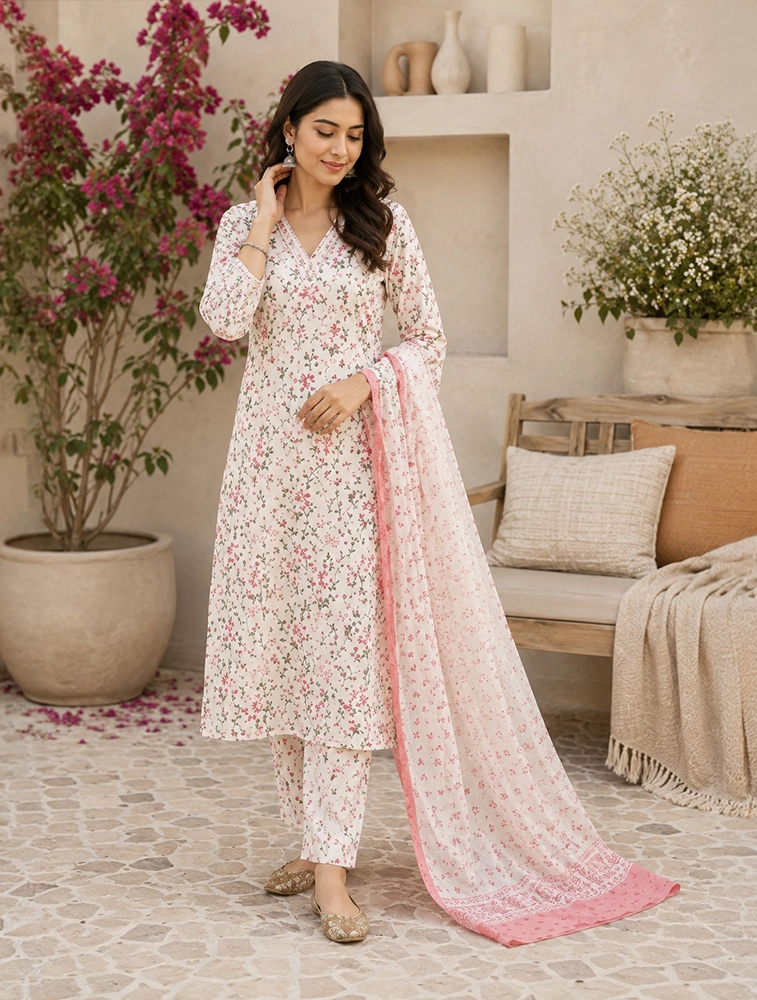 White Womens Printed Kurta Set With Dupatta  