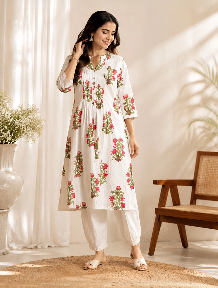 White Womens Printed Kurta With Pant Set 