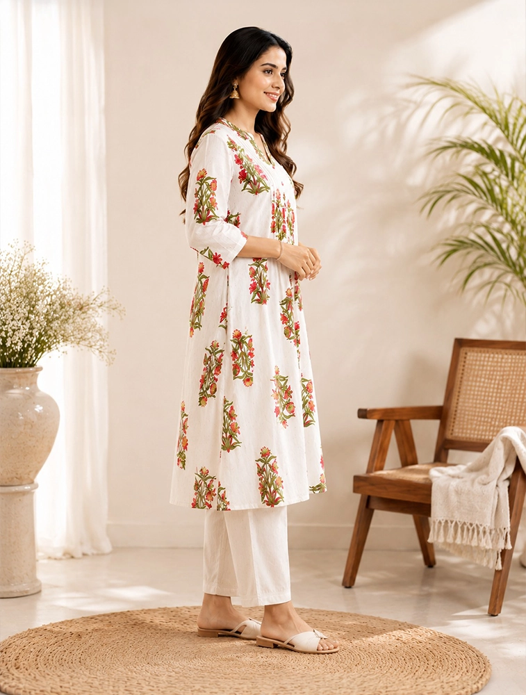 White Womens Printed Kurta With Pant Set